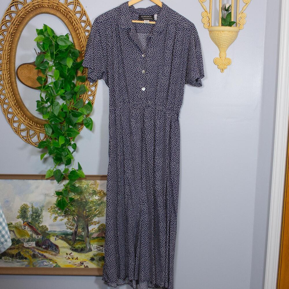 VTG Navy Polka Dot Collared Maxi Dress Elastic Waist Button Front | True Winter